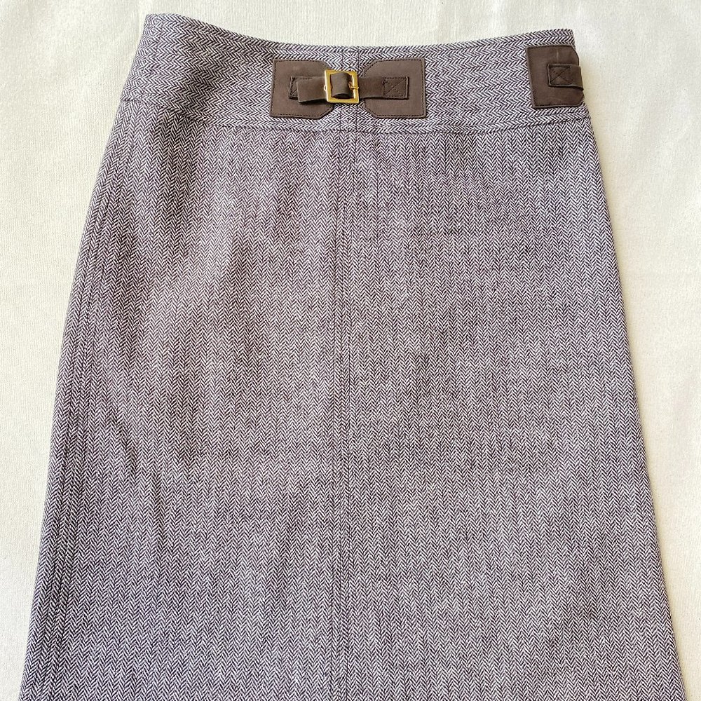 Tory Burch Preppy Brown Tan Hounds Tooth Wool Skirt with Leather Buckles, Size 0